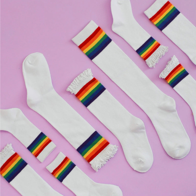 Rainbow Stripe Lace Top Knee High Socks