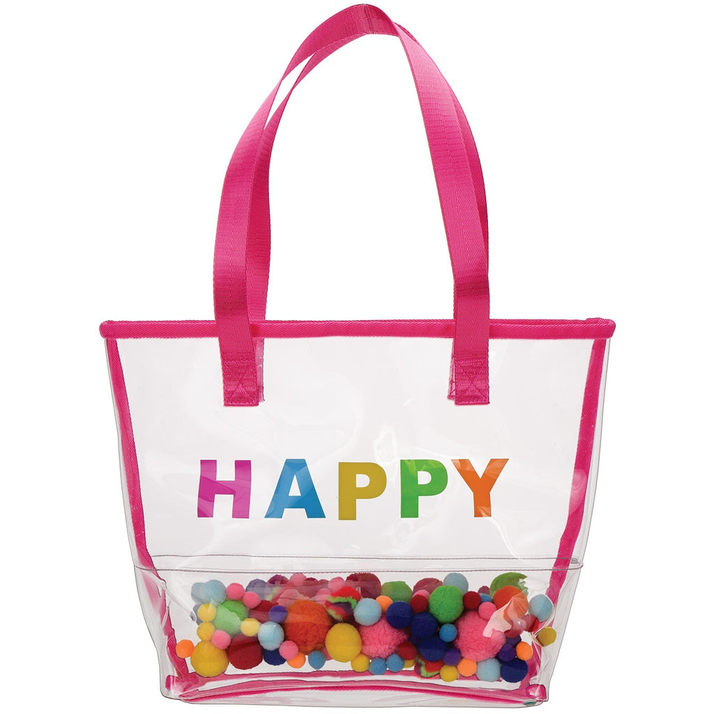 Happy Clear Tote Bag with Pom-Poms