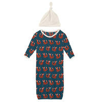 Peacock Fox Print Layette Gown Converter & Single Knot Hat Set