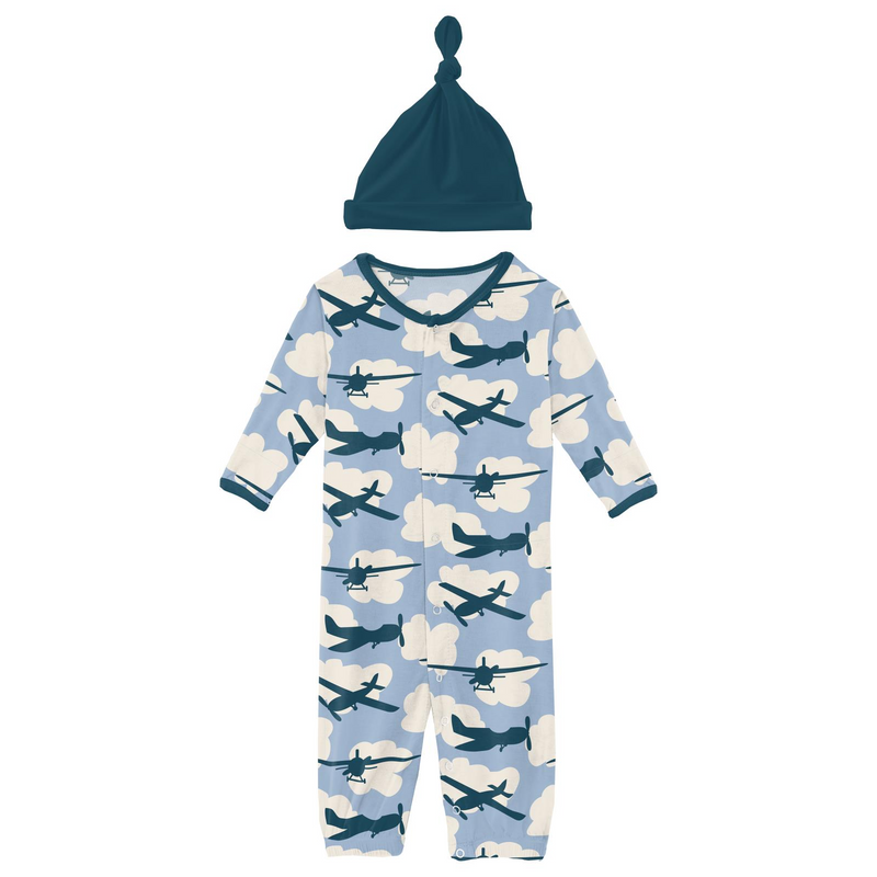 Pond Airplanes Print Layette Gown Converter & Single Knot Hat Set