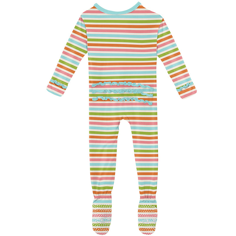 Beach Day Stripe Print Muffin Ruffle Footie with Snaps