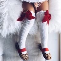 White Knee High Socks With Velvet Bows